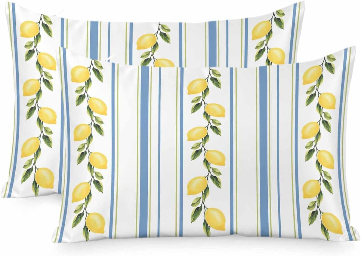 Lemon Striped Standard Pillowcase Set of 2, Yellow Fruit Blue White Satin Pillow Case Cover with Smooth Hidden Zipper Closure, Soft Throw Pillow Covers Cases for Home Decoration 20 X 26 Inches