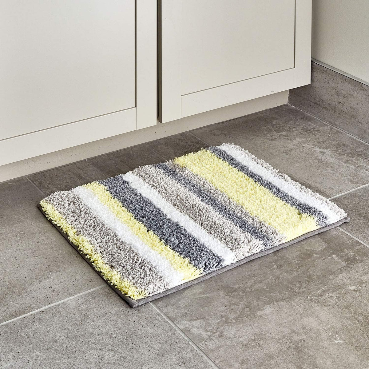 Stripz Microfiber Polyester Bath Mat, Non-Slip Shower Accent Rug for Master, Guest, and Kids' Bathroom, Entryway, 21" x 17", Gray and Yellow
