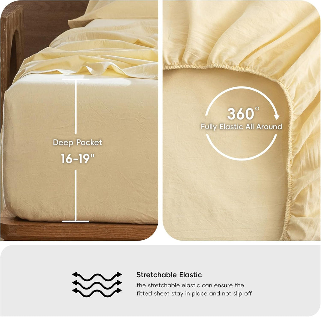 Sheet Set 100% Washed Cotton Linen-Like Extra Deep Pocket King