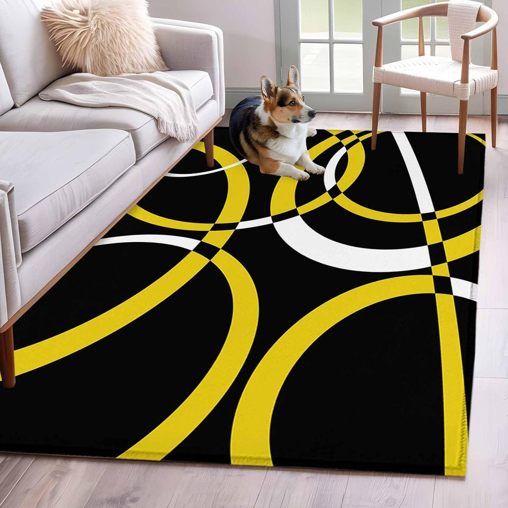 4x6 Modern Abstract Art Area Rug for Living Room Bedroom, Machine Washable Non Slip Indoor Rug Yellow White Geometric Circle Soft Low Profile Floor Carpet for Dining Room Office Home Decor
