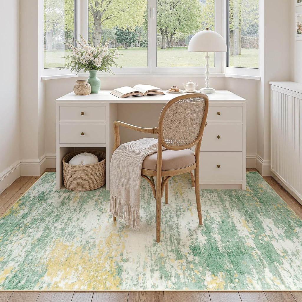 5x7 Area Rug for Living Room, Abstract Washable Non-Slip Rugs, Light Green