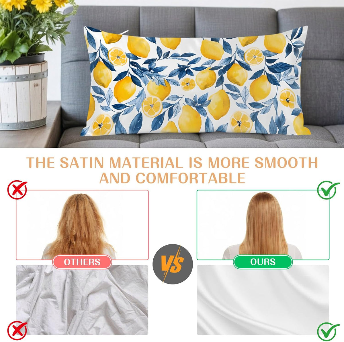 Watercolor Lemon King Pillow Cases, Blue Yellow Branch Satin Pillow Case Cover with Smooth Hidden Zipper Closure, Soft Throw Pillow Covers Cases for Home Decoration 20 X 40 Inches