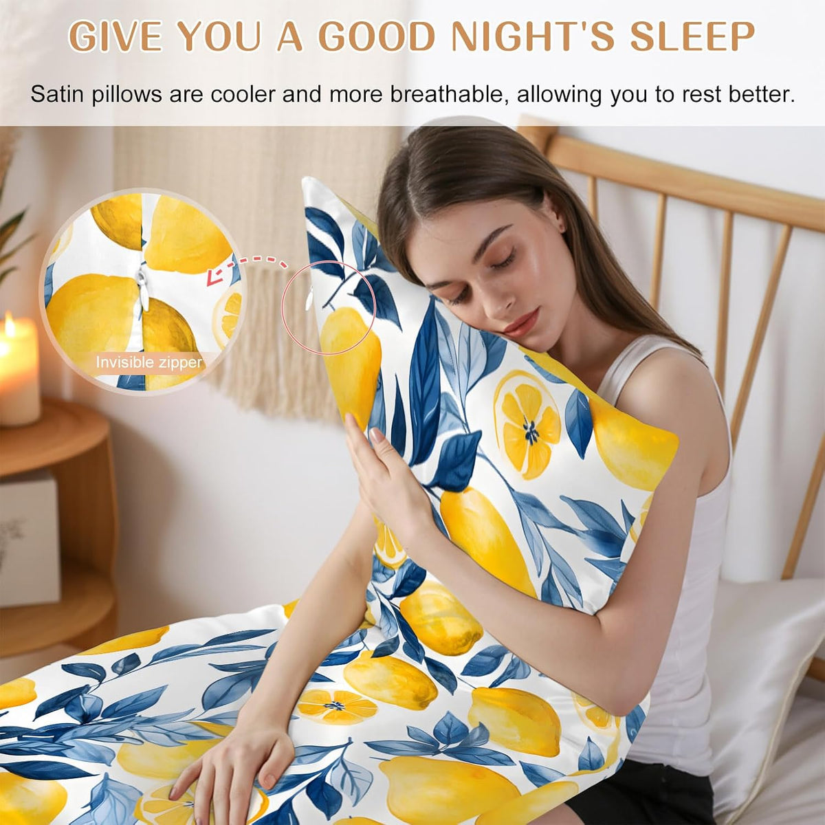 Watercolor Lemon King Pillow Cases, Blue Yellow Branch Satin Pillow Case Cover with Smooth Hidden Zipper Closure, Soft Throw Pillow Covers Cases for Home Decoration 20 X 40 Inches