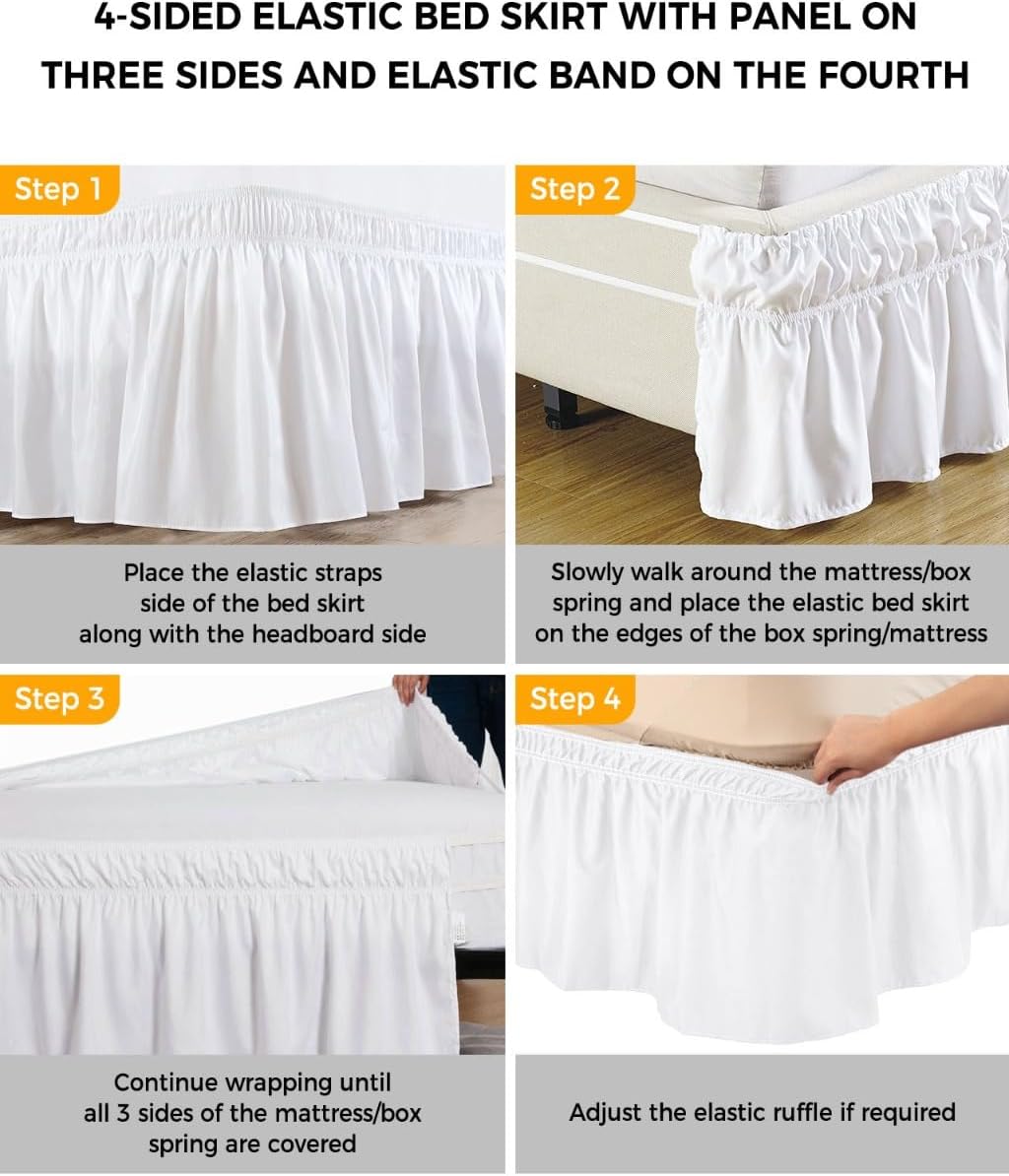 Yellow Lemon Bed Skirt Queen Size 16 Inch Drop, Adjustable Elastic Wrap Around Bed Skirts Easy Fitting Dust Ruffle Bedskirt Bed Frame Cover Summer Fruit Rustic Blue Striped