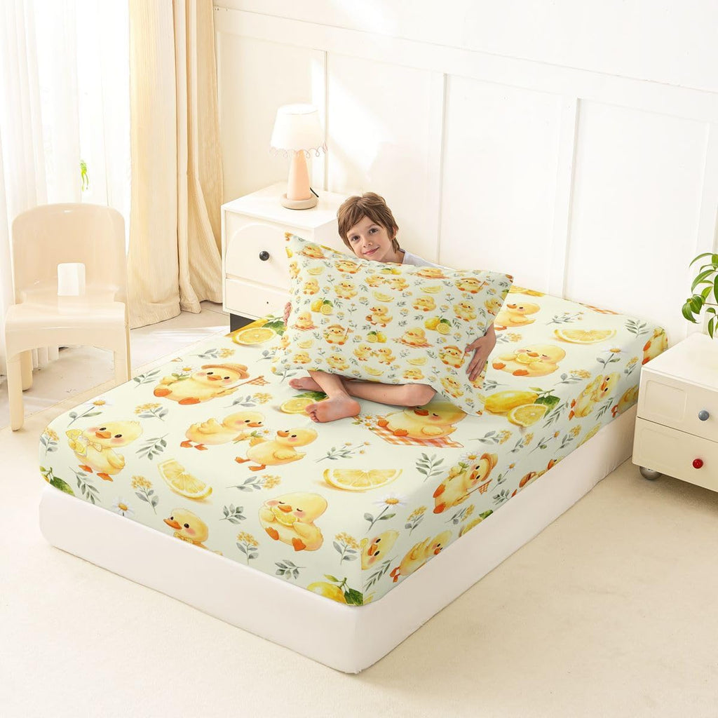 Kawaii Yellow Duck Bedding Set Twin Cute Cartoon Rubber Duck Fitted Sheet Rustic Daisy Floral Bed Sheets for Kids Boys Girls,Summer Fruit Lemon Bed Cover 2 Pcs