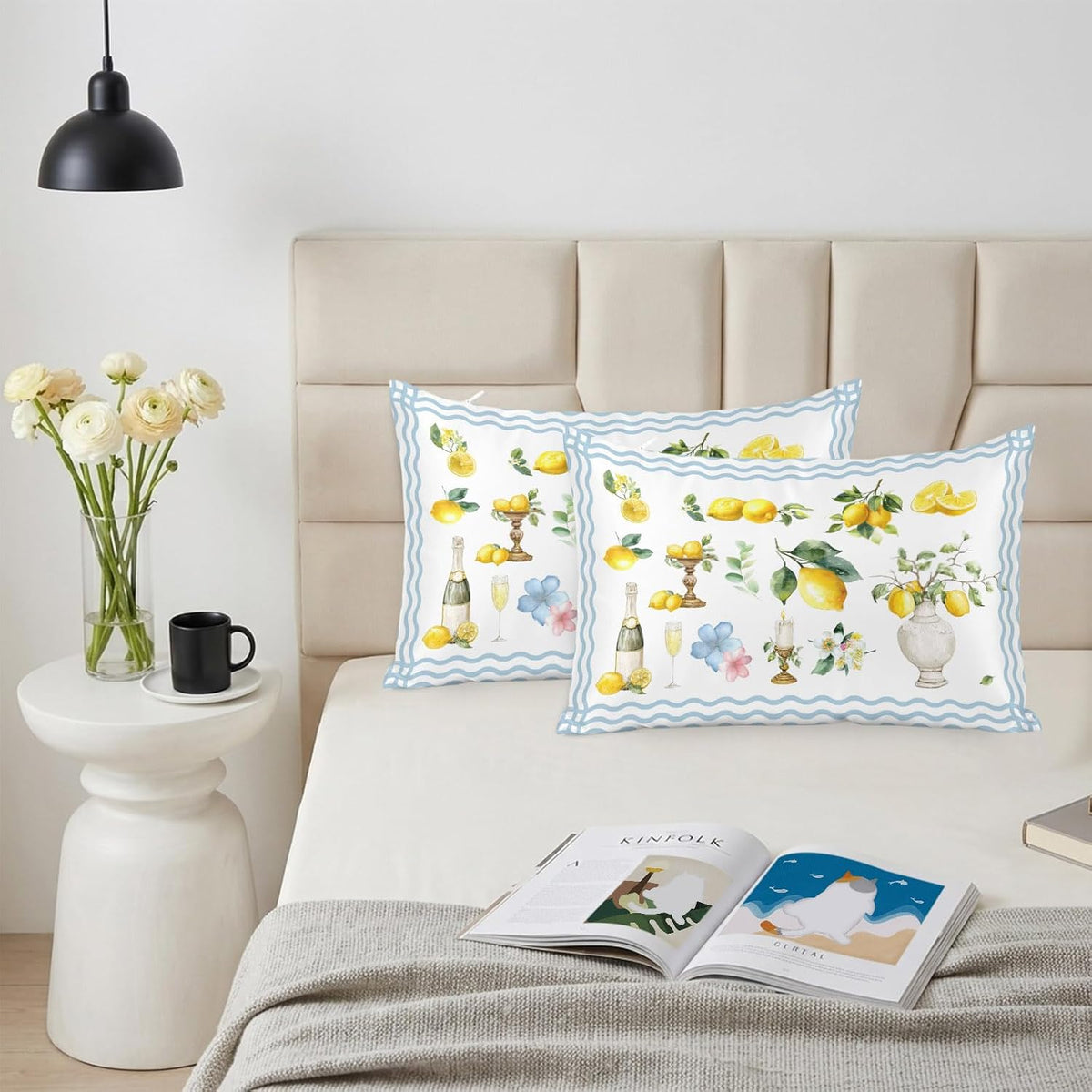 Boho Lemons Pillow Cases Standard Size Set of 2, Summer Yellow Fruits Flowers Leaf Blue Stripe Satin Pillowcase with Zipper for Hair/Skin, Decorative Pillow Covers for Bed/Couch/Sofa, 20x26 Inches