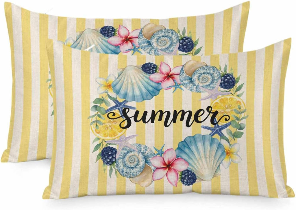 Summer King Standard Pillow Cases Set of 2, Lemons Starfish Flower Stripes Yellow Vintage Satin Pillow Case Cover with Smooth Hidden Zipper Closure, Soft Throw Pillow Covers Cases 20X36 Inch
