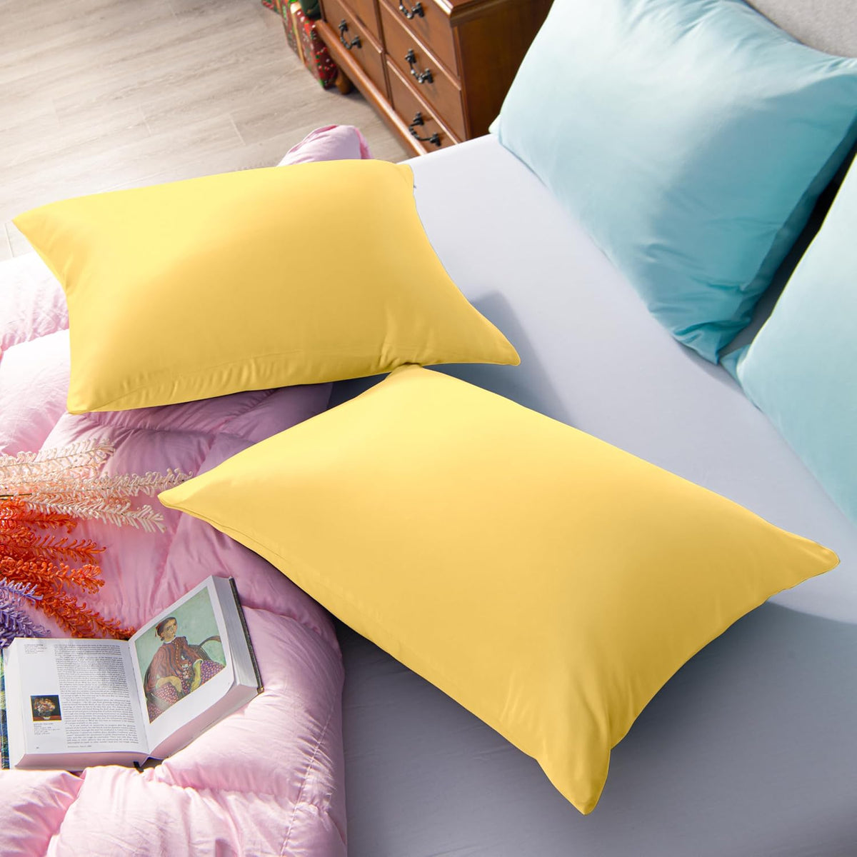 Satin Pillowcases with Zipper for Hair and Skin, Set of 2 Smilar to Silk Pillow Cases, Machine Washable, Wrinkle-Free, Cooling Satin Pillow Cases Standard, 20x26 Inches, Yellow