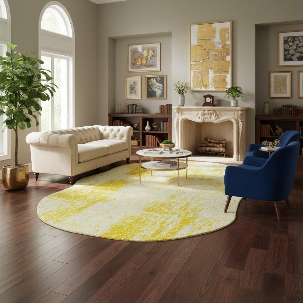 Modern Abstract Distressed Texture Irregular Shape Rug for Living Room Bedroom Guestroom Faux Wool Washable Carpet 2x3 Nordic Boho Classroom Nursery Apartment Durable Easy Clean Rugs Bright Yellow