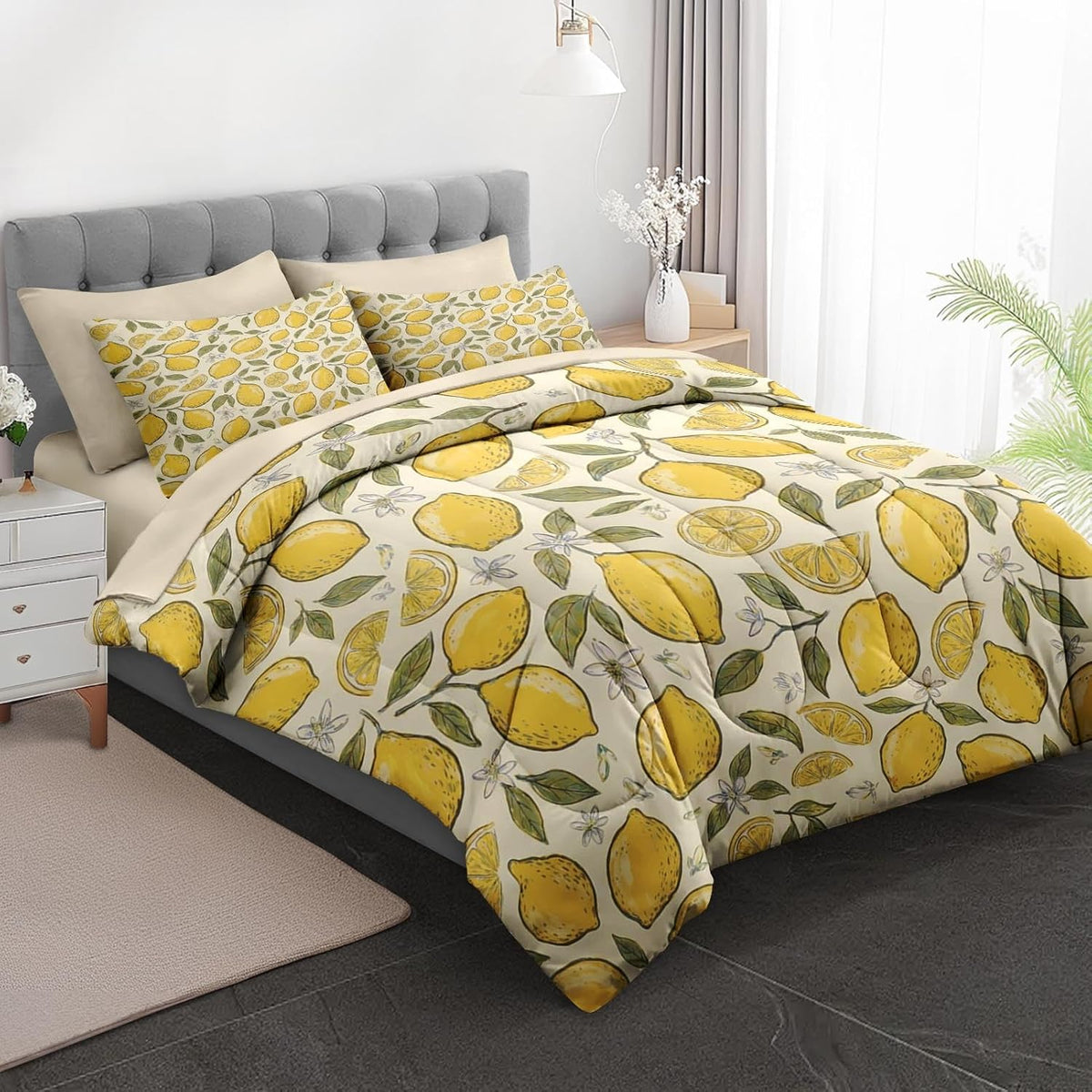Full Comforter Set with Sheets, 7 Pieces Lemon Citrus Bedding