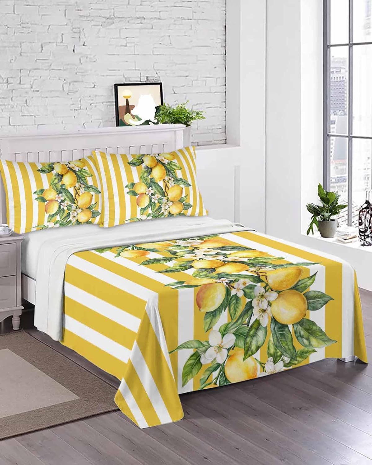 Twin Size Top Sheet Only, Classical Yellow Stripes Lemon Flat Sheet Microfiber Breathable Soft Bed Sheet, Retro Vertical Bar Arrangement Hotel Bedding Flat Sheets for Bedroom