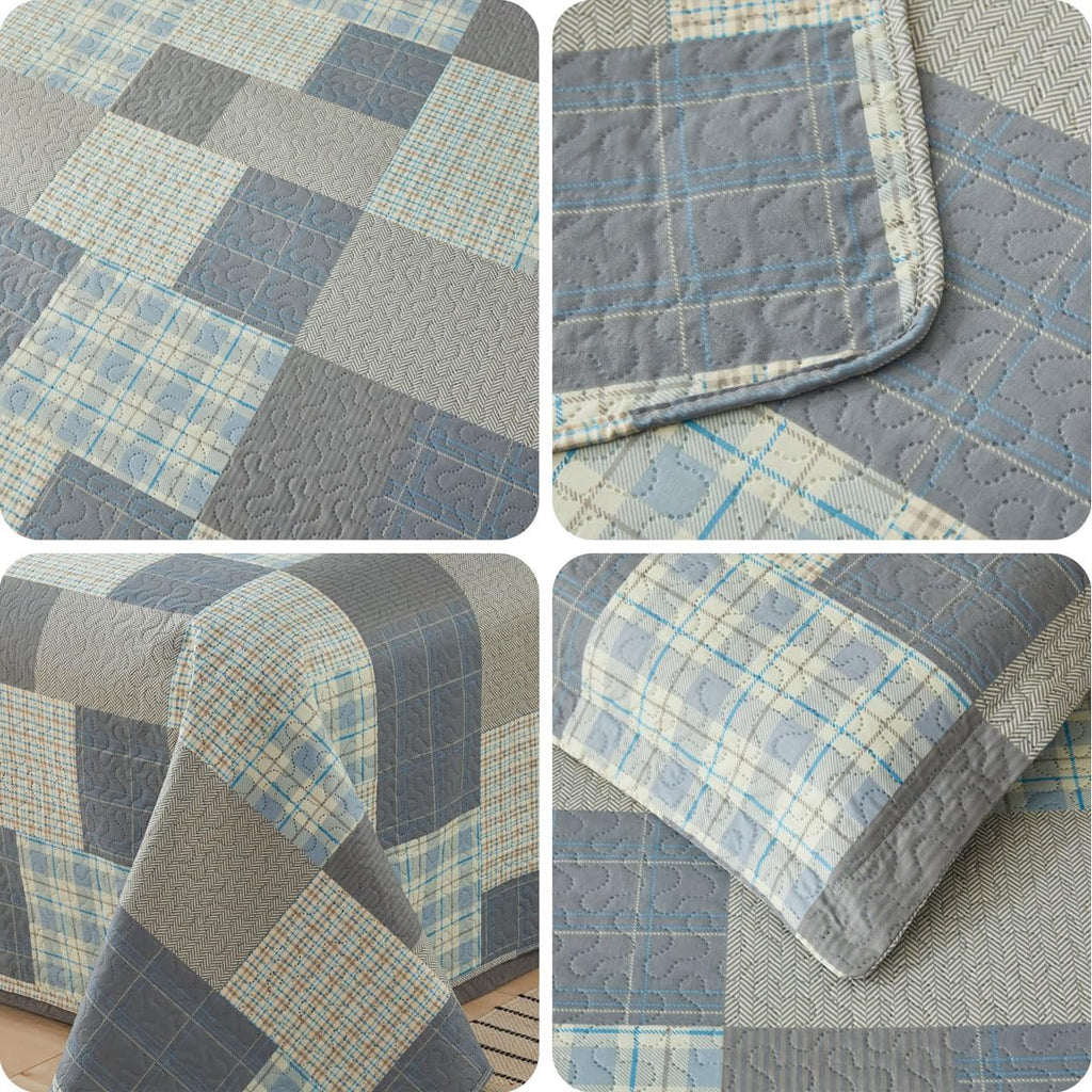 Grey Blue Yellow Bedding Plaid Quilt Full/Queen Size Summer Patchwork Quilts Lightweight Soft Breathable Check Bedspread Gingham Bedding Checker Pattern Coverlet Bed Cover Set Geometric Home Decor