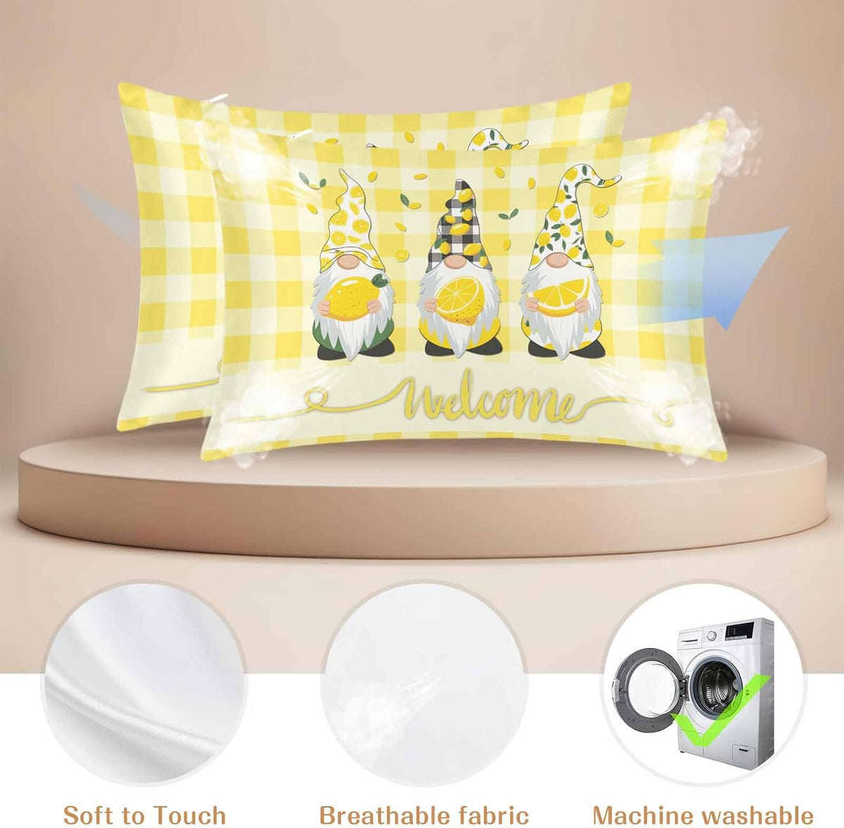 Vintage Fruit Gnomes Standard Pillowcase Set of 2, Summer Lemon Yellow Buffalo Satin Pillow Case Cover with Smooth Hidden Zipper Closure, Soft Throw Pillow Covers Cases 20 X 26 Inches