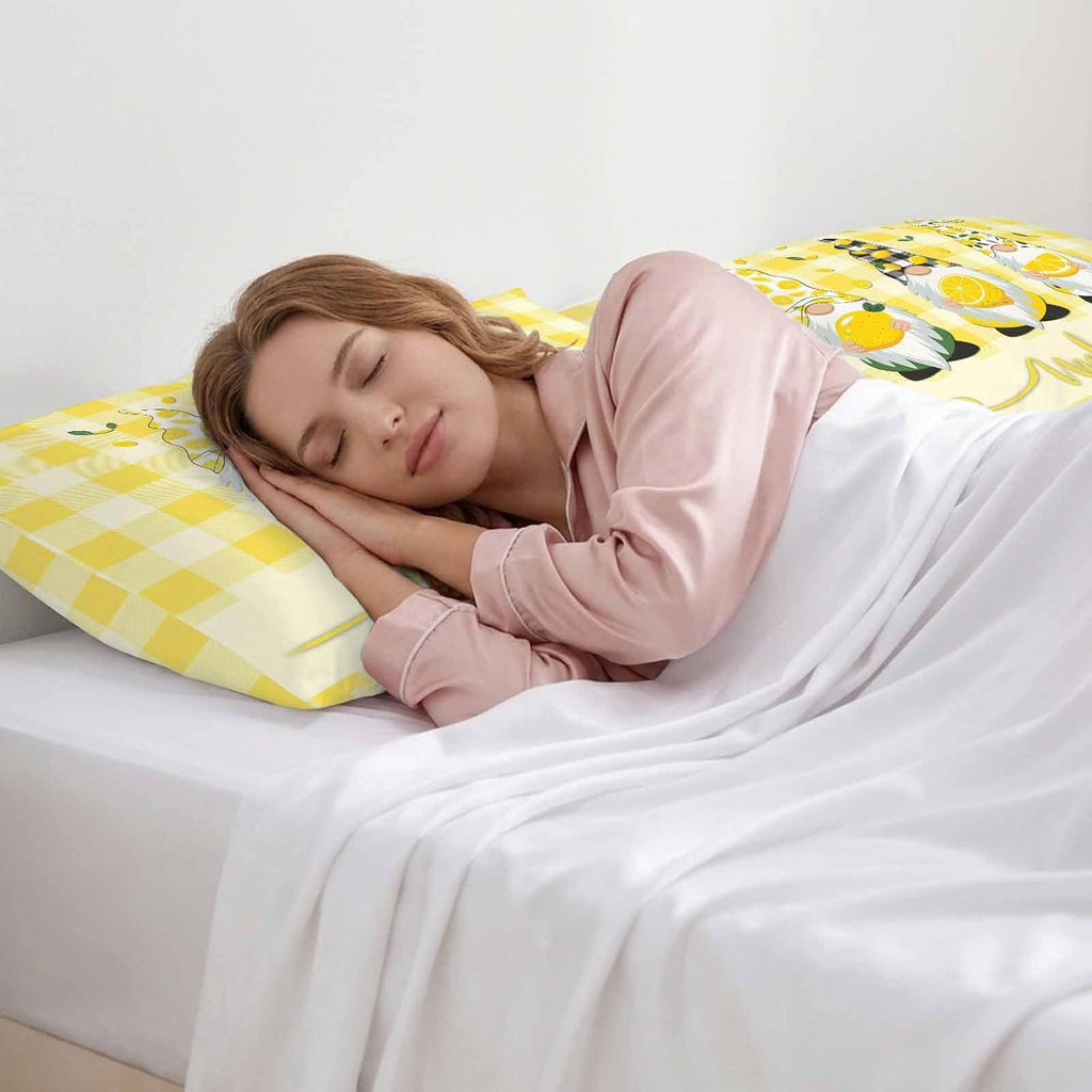 Vintage Fruit Gnomes Standard Pillowcase Set of 2, Summer Lemon Yellow Buffalo Satin Pillow Case Cover with Smooth Hidden Zipper Closure, Soft Throw Pillow Covers Cases 20 X 26 Inches