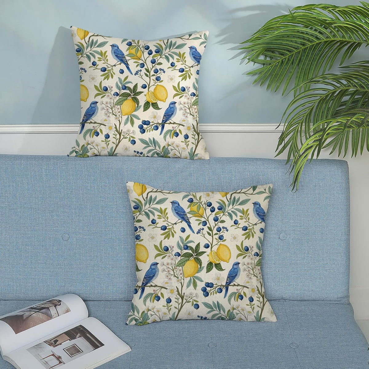 Chinoiserie Pillow Covers 18x18 Set of 2 Vintage Blue Birds Floral Throw Pillow Covers Outdoor Decoration Spring Summer Yellow Lemon Pillowcase Farmhouse Decorative Cushion Case for Couch Sofa