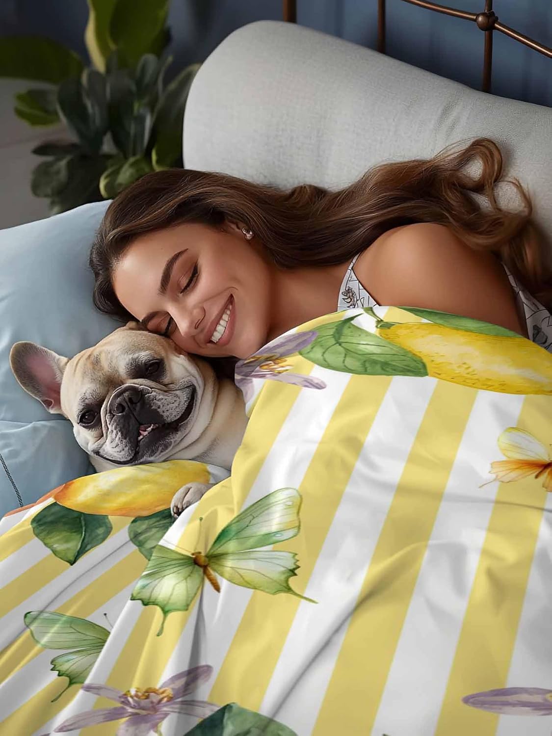 Flat Sheet Only Bedding Top Sheet Twin Lemon Fruits Floral Leaves Soft Microfiber Breathable Bed Sheets, Yellow Stripes Flat Sheets for Bedroom Sofa Men/Women