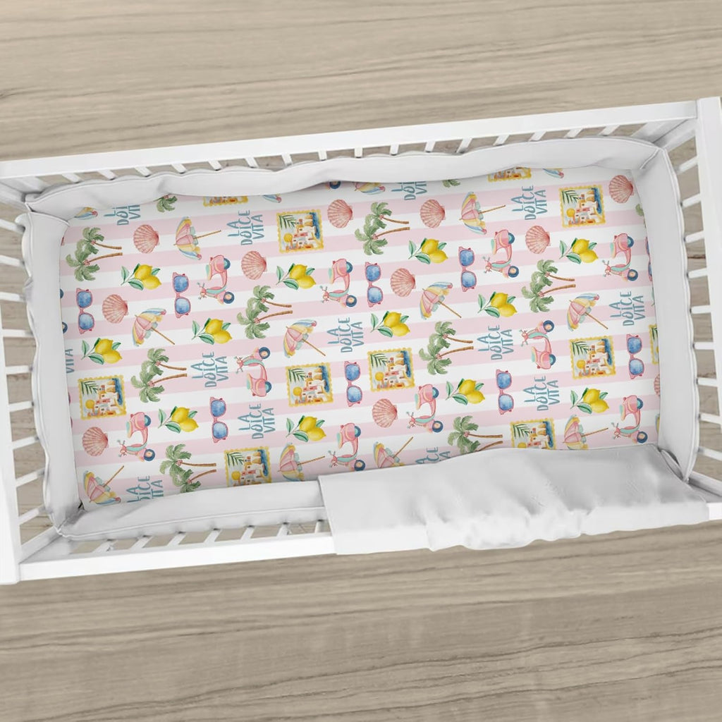 Summer Beach Baby Boys Girls Crib Sheets Coconut Palm Tree Lemon Sunglass Seashells Toddler Bedding Bed Sheets Italian Summer Coastal Fitted Crib Mattress Cover for Standard Crib Mattress 28x52 in