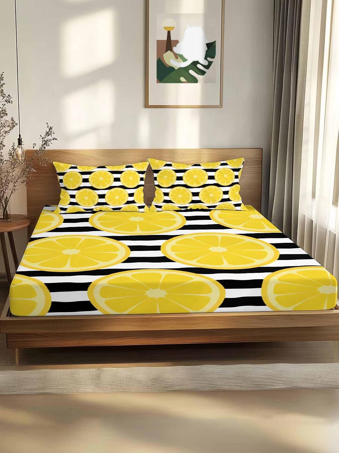 Twin XL Fitted Sheet, Farmhouses Country Yellow Lemon Soft Brushed Microfiber Deep Pocket Bed Sheets Set, Black White Stripes Breathable Bottom Sheets with Pillowcase,Fits Mattress Up to 16"
